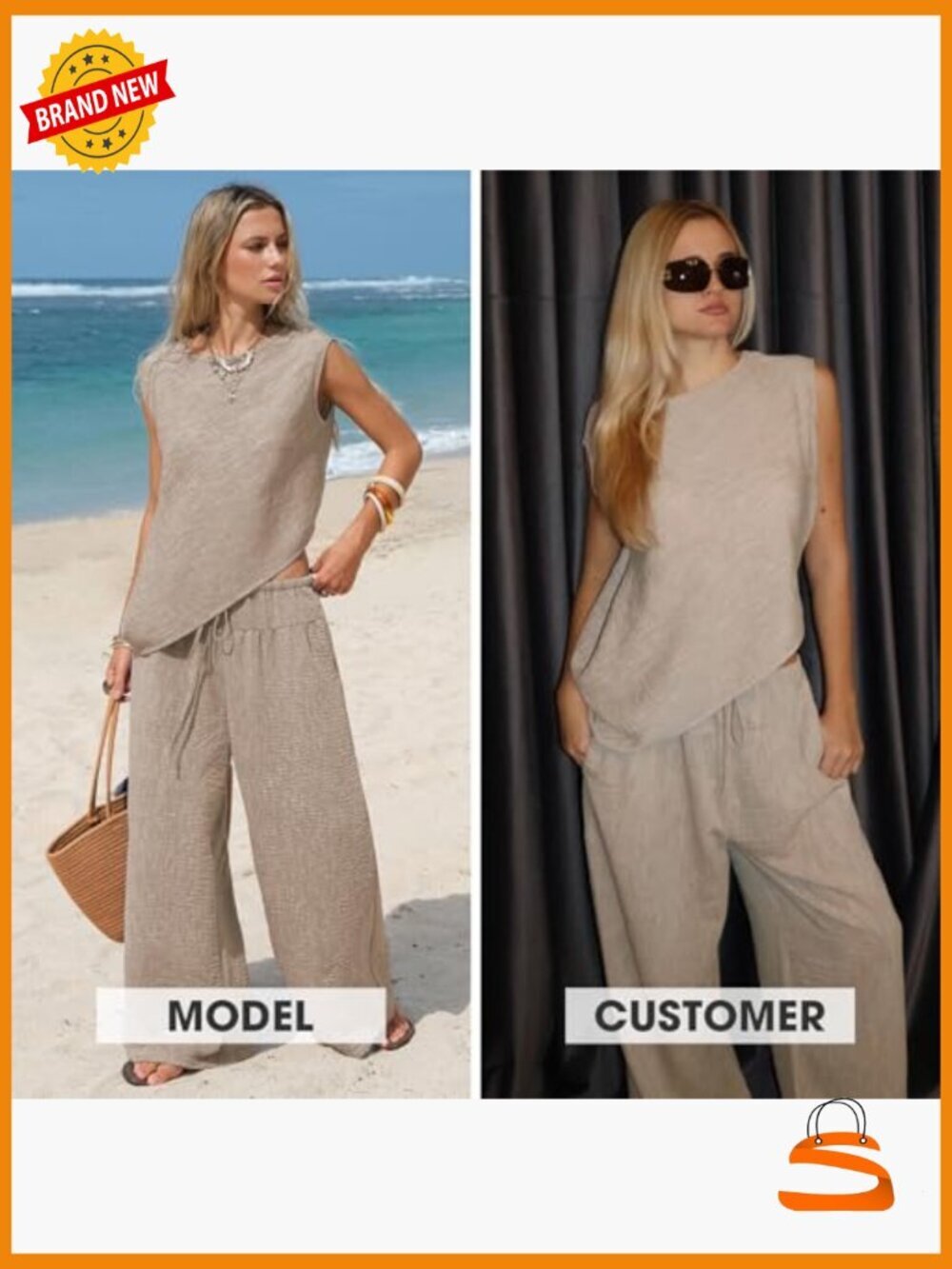 Summer Two Piece Set Cotton Asymmetrical Tank Top Wide Leg Pants Lounge Wear - Picture 2 of 7